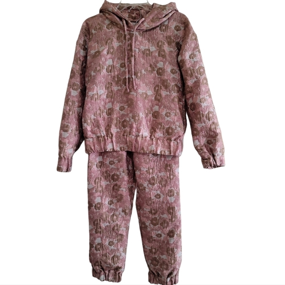 NWT Asos Jacquard Jogger Track Set 0 Hoodie Jogger Pants Pink Floral Metallic